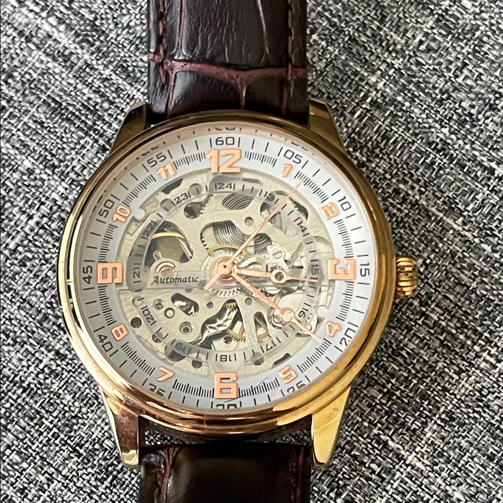 Lucien Piccard Gold and Brown Skeleton Watch